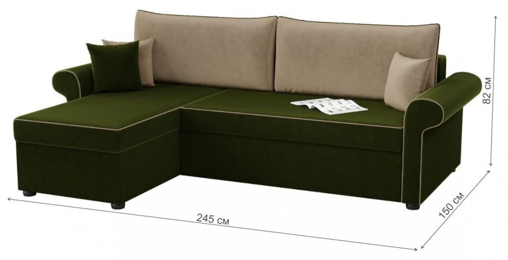 Диван угловой Милфорд микровельвет зеленый / бежевый левый