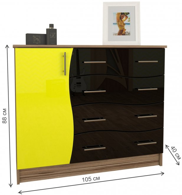 Комод Мебелеф-19 правый индиан эбони светлый / желтый глянец / черный глянец