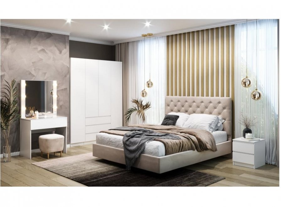 Двуспальная кровать Мадера 160х200 с ПМ ЛДСП белый / ткань velutto 06