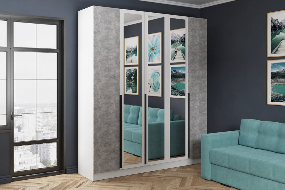 Шкаф 2м Мадрид с зеркалом белый / ателье светлое