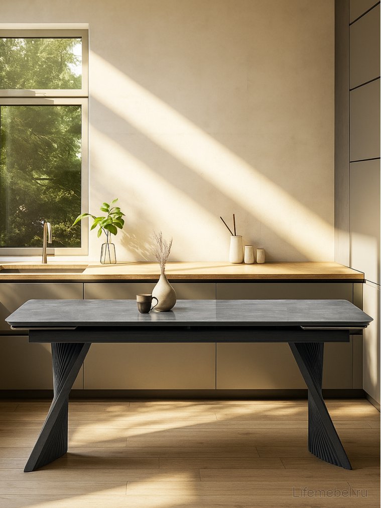 Керамический стол Вейв 160(220)х89х75 серый мрамор baolai / черный