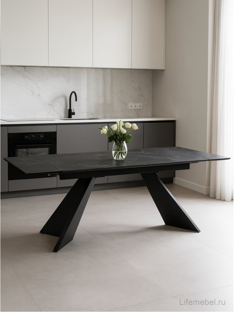 Керамический стол Ливи 140(200)х80х78 черный мрамор / черный
